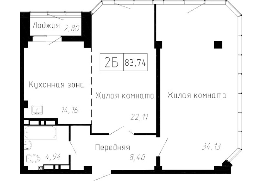 2-комнатная, 83.74 м² в Чайка