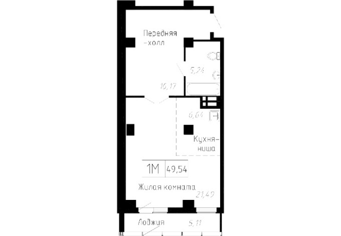 1-комнатная, 49.54 м² в Чайка