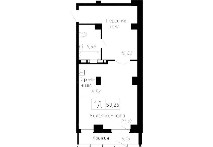 1-комнатная, 50.26 м² в Чайка
