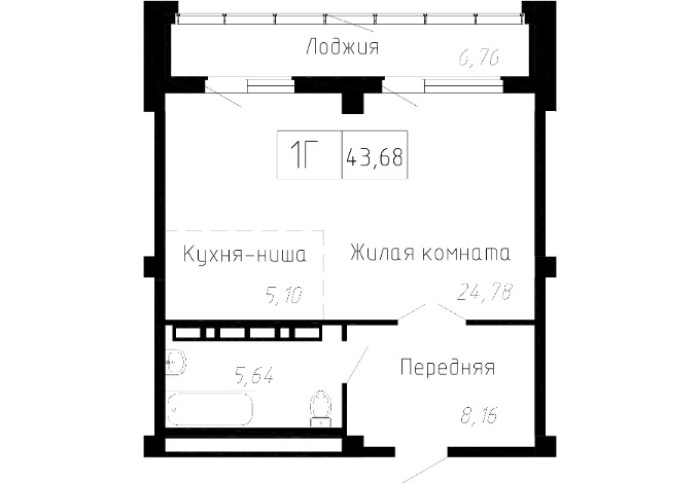 1-комнатная, 43.68 м² в Чайка