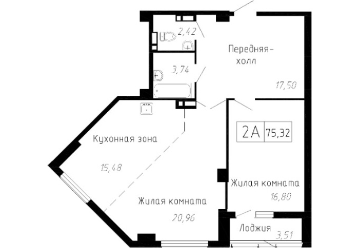 2-комнатная, 75.32 м² в Чайка