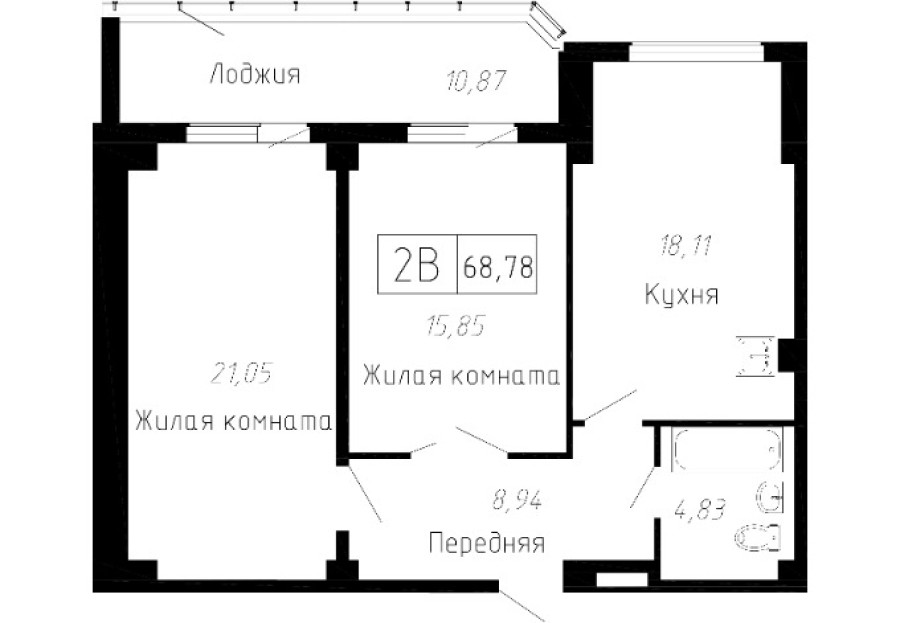 2-комнатная, 68.78 м² в Чайка