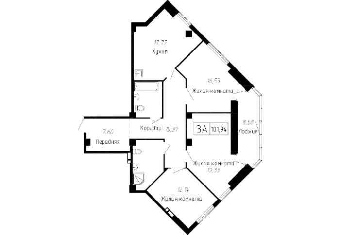 3-комнатная, 101.94 м² в Чайка